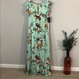 Free Press Mint Floral Maxi Ruffle Boho Dress